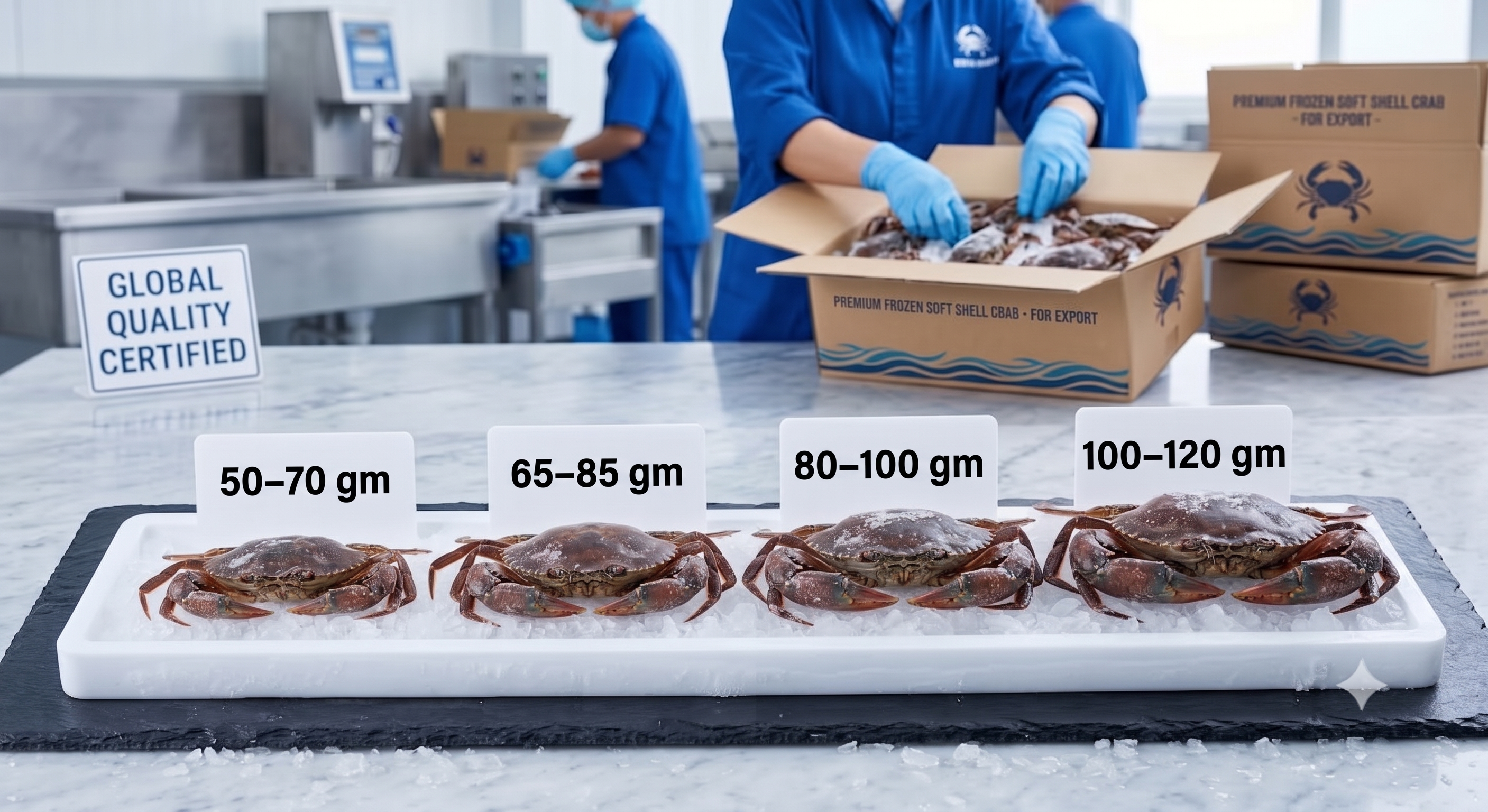 Frozen soft shell crab graded by size: 50–70g, 65–85g, 80–100g, 100–120g